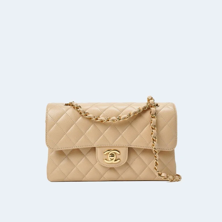 클래식 스몰 플랩백 베이지 & 골드메탈 상세