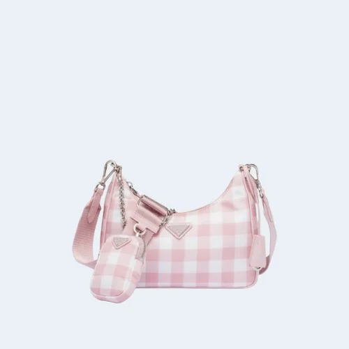 리에디션 2005 리나일론 체크 숄더백 핑크