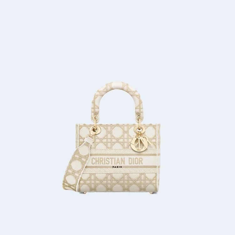 레이디 D-Lite 화이트 골드 매크로까나쥬 자수 미디엄 백 상세