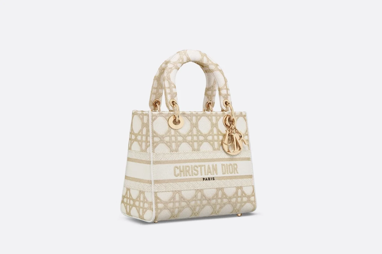 레이디 D-Lite 화이트 골드 매크로까나쥬 자수 미디엄 백 상세