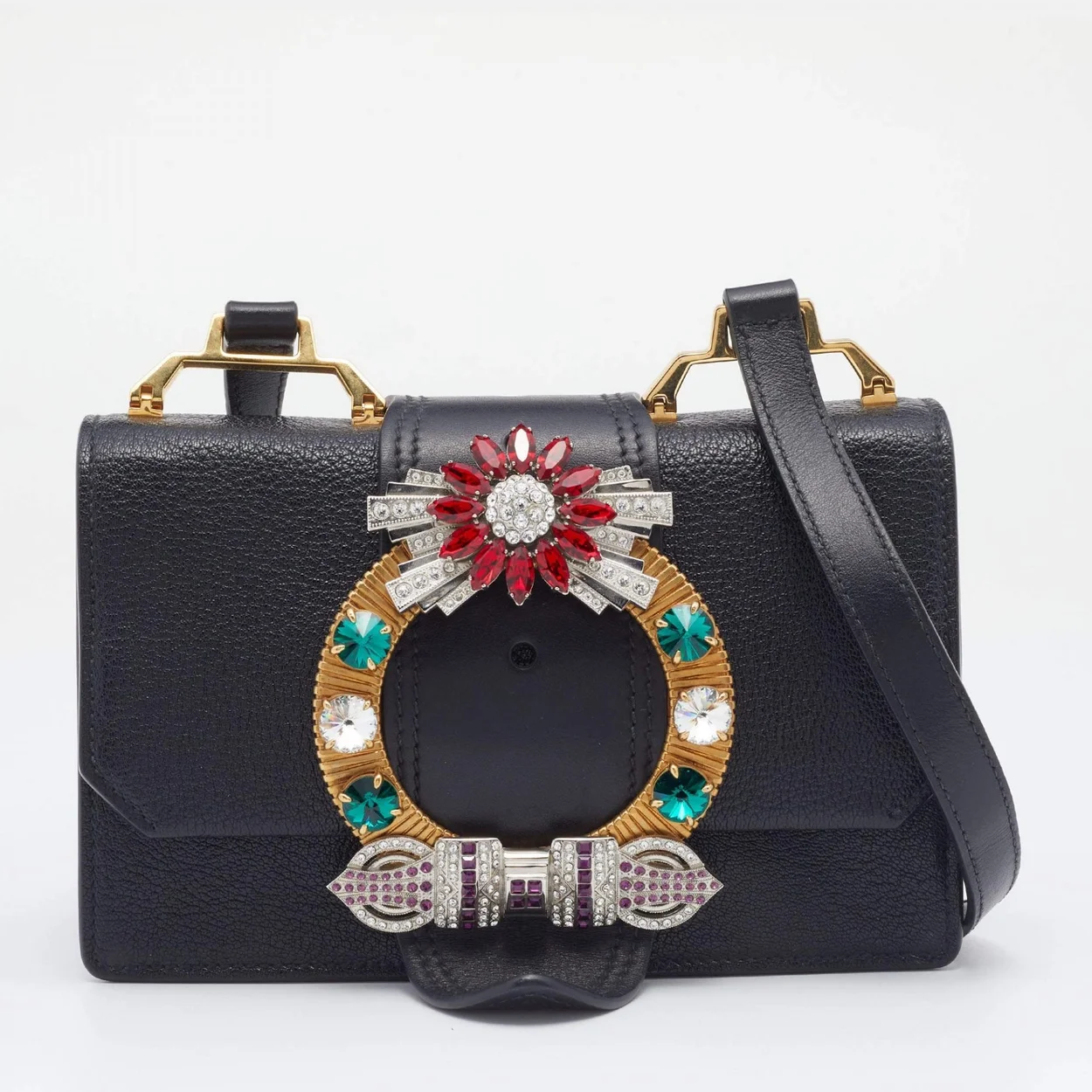 크리스탈 버클 플랩 숄더백 블랙 상세