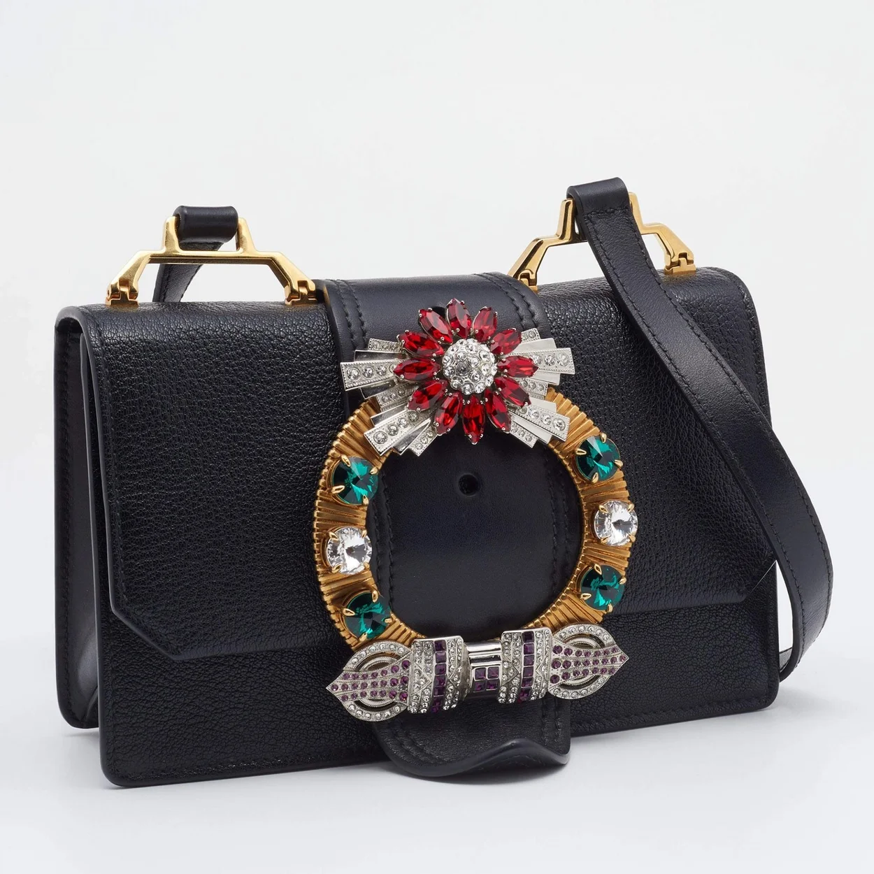 크리스탈 버클 플랩 숄더백 블랙 상세