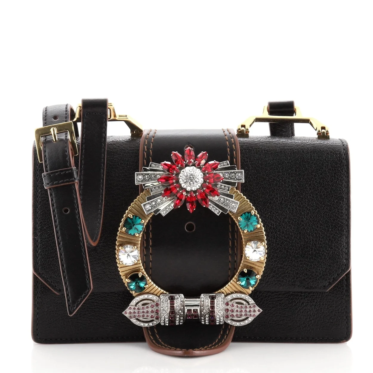 크리스탈 버클 플랩 숄더백 블랙브라운 상세