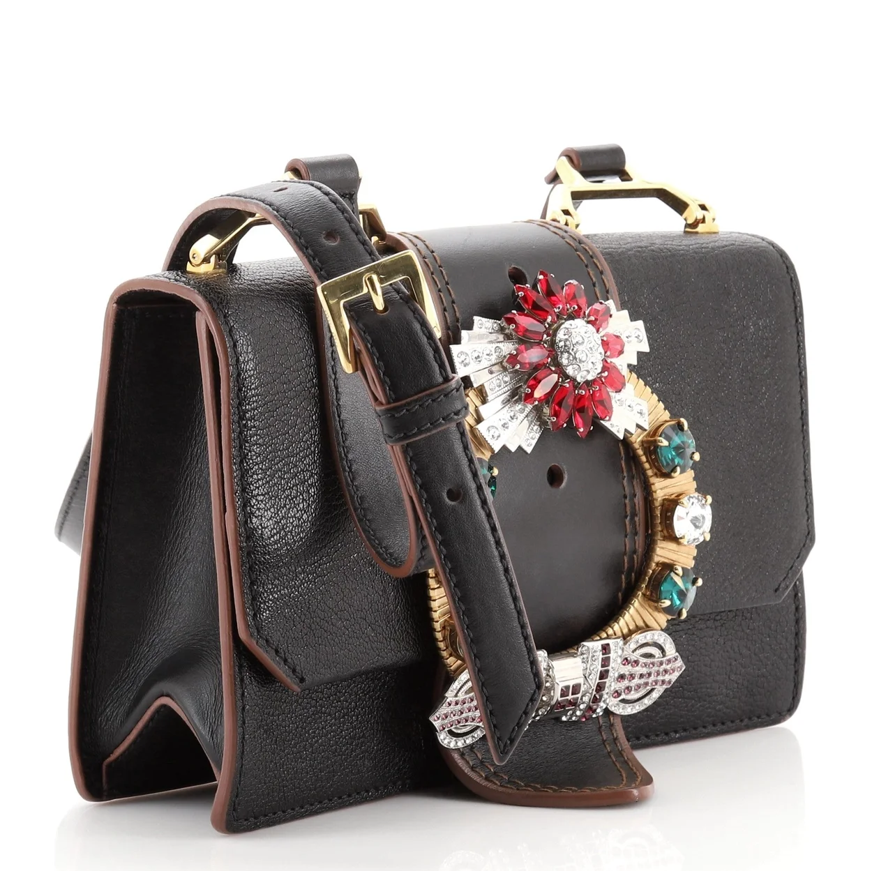 크리스탈 버클 플랩 숄더백 블랙브라운 상세