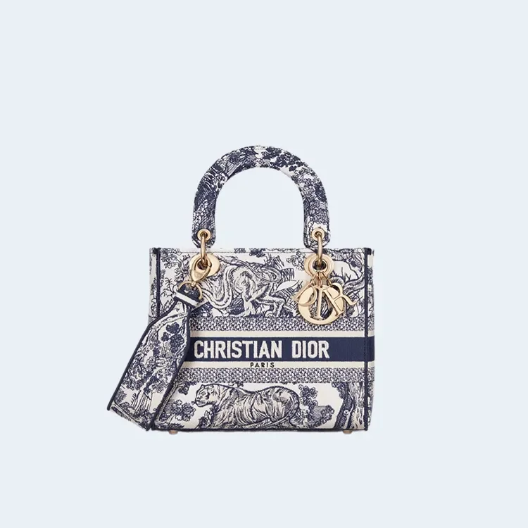 레이디 D-Lite 미디엄 백 블루 Toile de Jouy 자수 상세