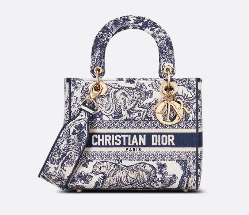 레이디 D-Lite 미디엄 백 블루 Toile de Jouy 자수 상세