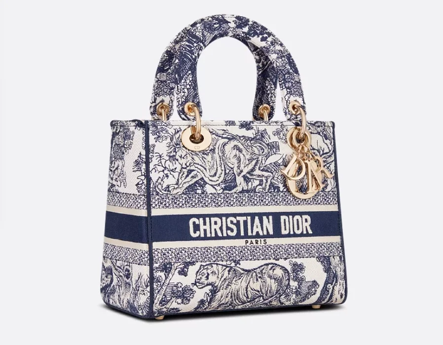 레이디 D-Lite 미디엄 백 블루 Toile de Jouy 자수 상세