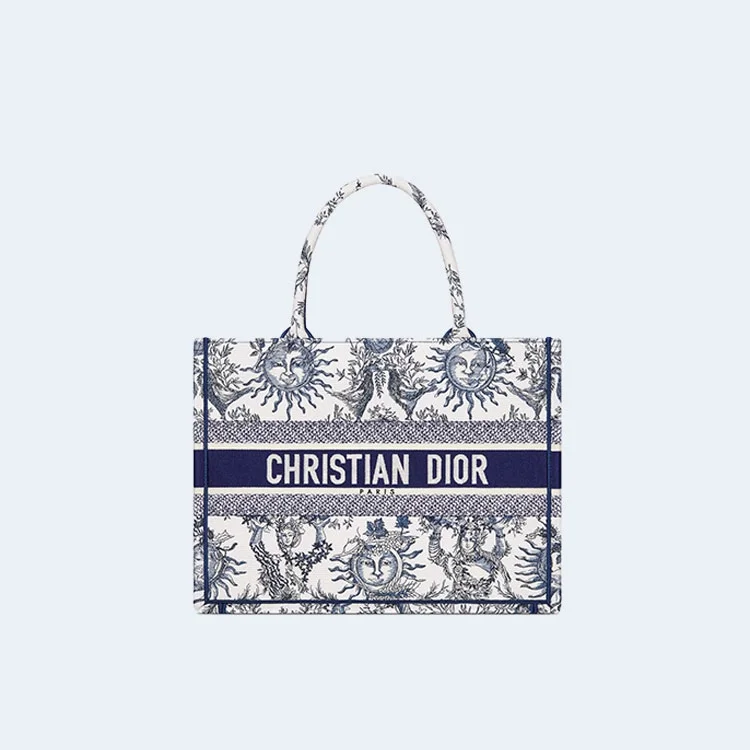 북 화이트 네이비 자수 토트 미디엄 백 상세