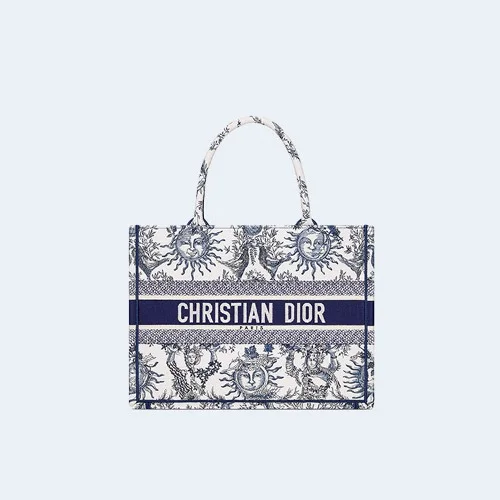 북 화이트 네이비 자수 토트 미디엄 백