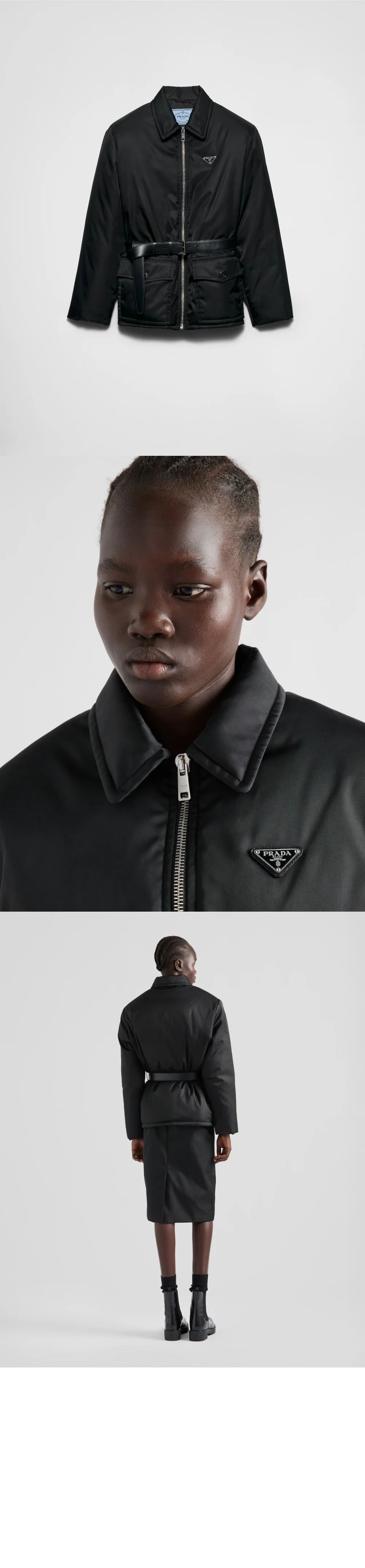 벨트가 달린 리나일론 다운 재킷 상세