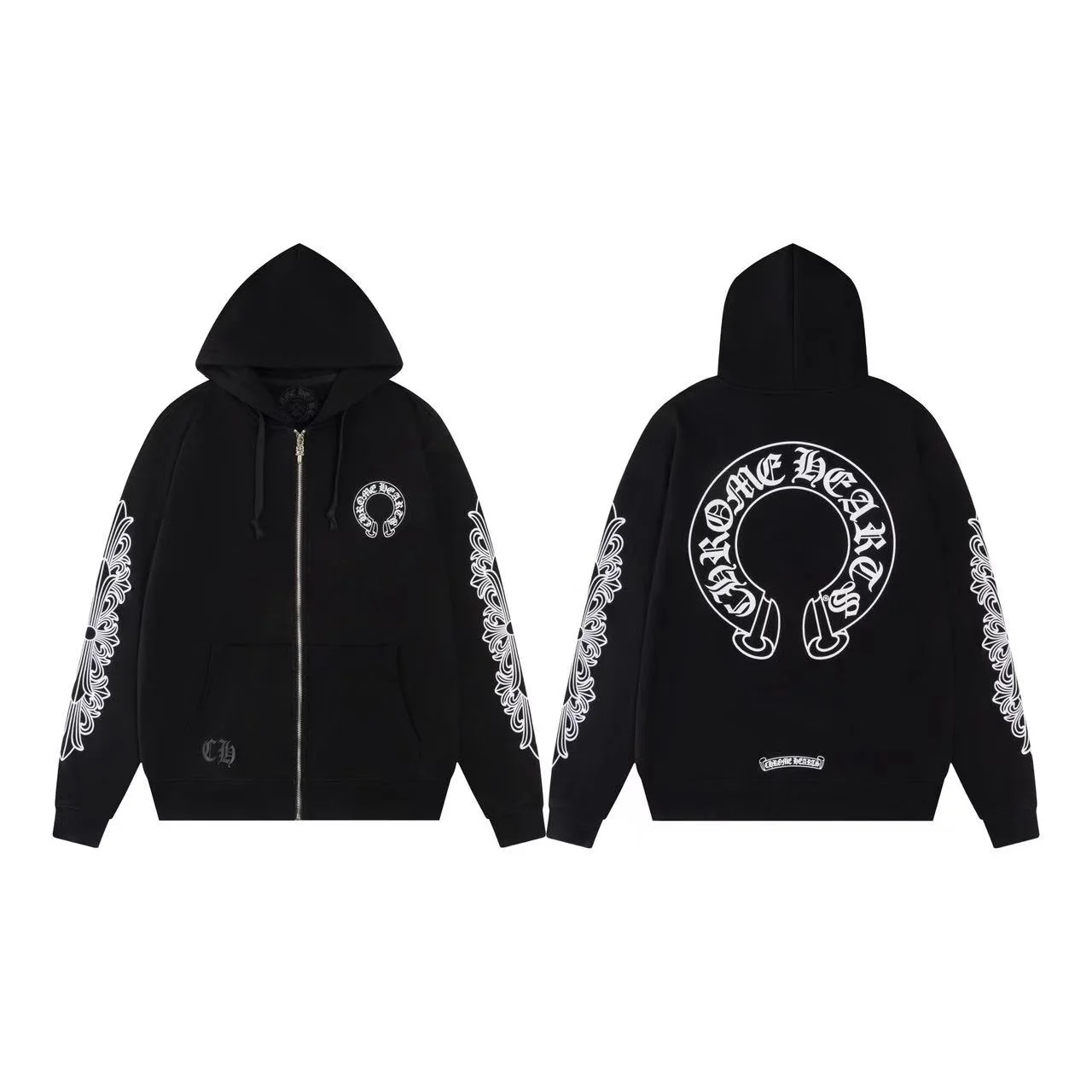 홀스슈 플로랄 플리스 집업 후드 블랙 상세