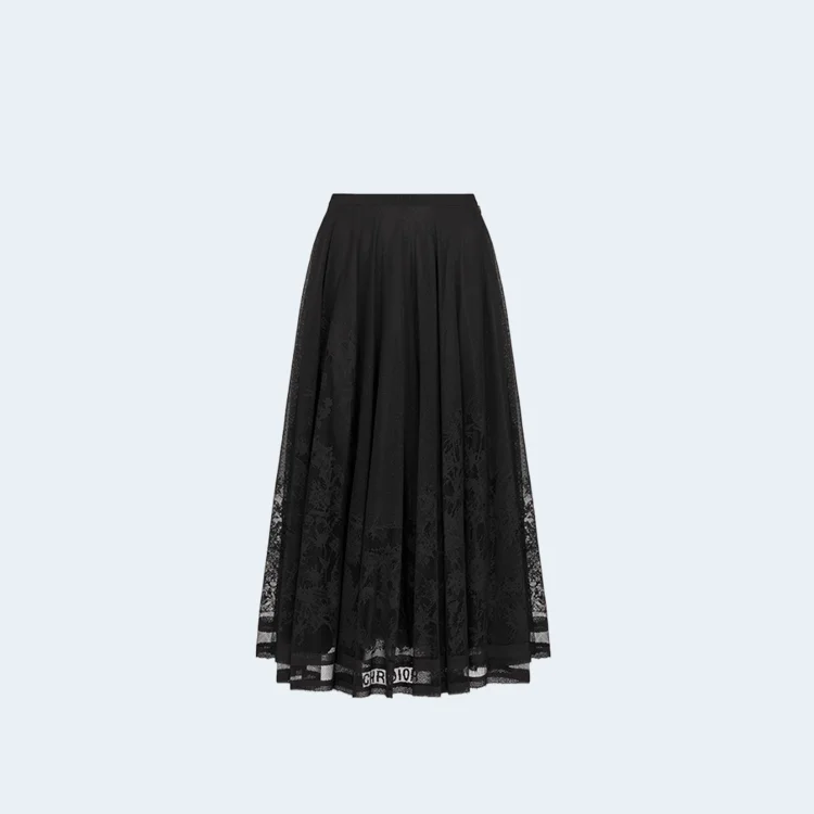 코튼 블렌드 레이스 플레어 미디 스커트