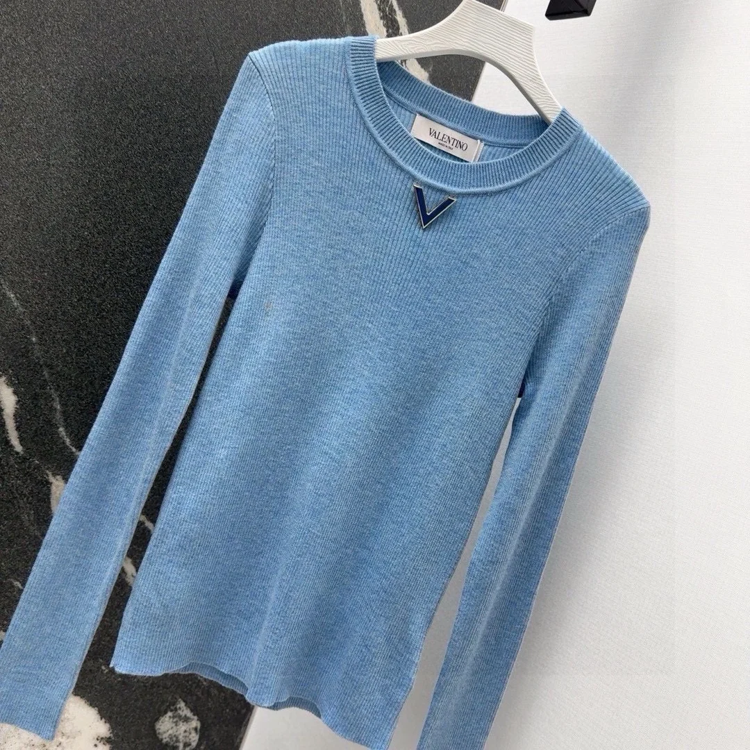 발렌티노 로고 골지 티셔츠 블루 상세