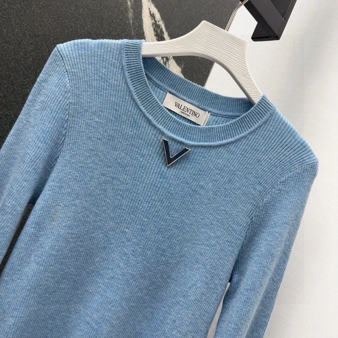 발렌티노 로고 골지 티셔츠 블루 상세