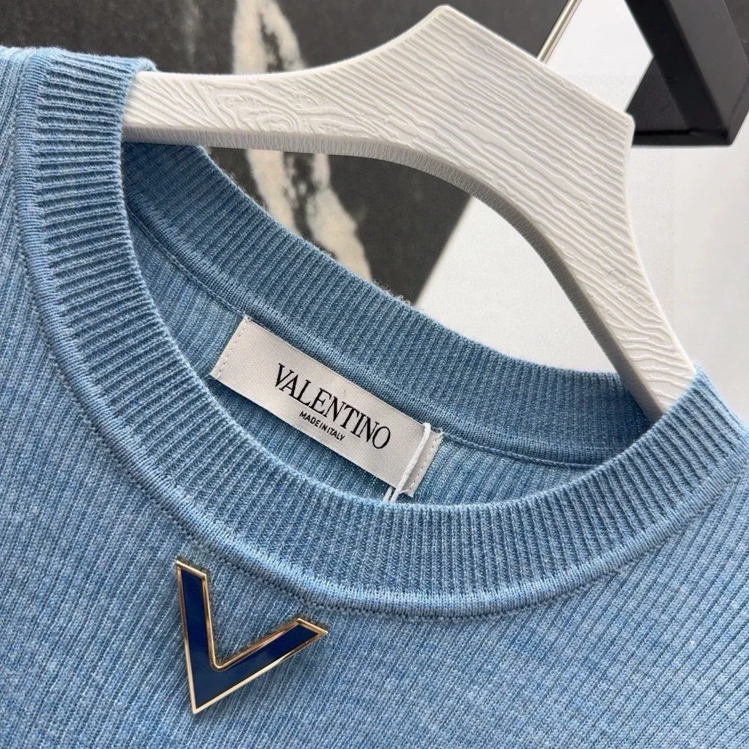 발렌티노 로고 골지 티셔츠 블루 상세