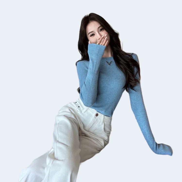 발렌티노 로고 골지 티셔츠 블루