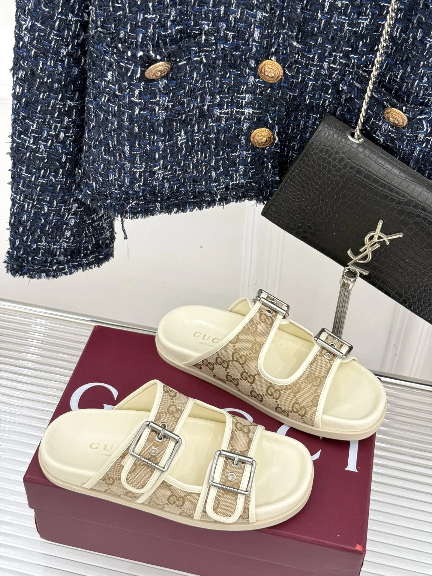 25 신상 더블 G버튼 비치 벨크로 슬리퍼 (3color) 상세