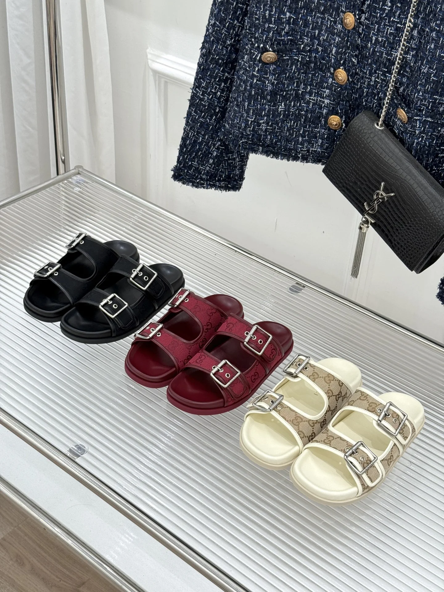 25 신상 더블 G버튼 비치 벨크로 슬리퍼 (3color)