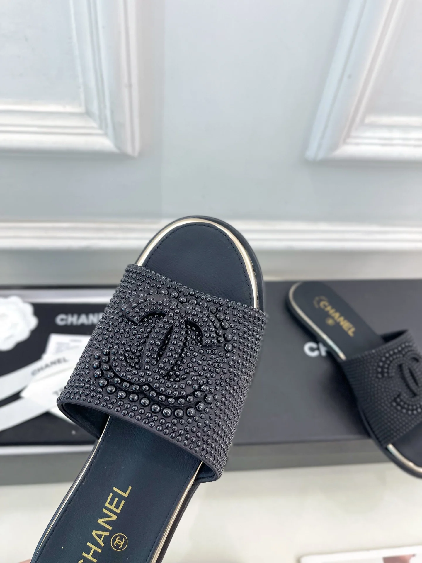 25 춘하 신상 진주 더블 C 플랫 슬리퍼 (2color) 상세